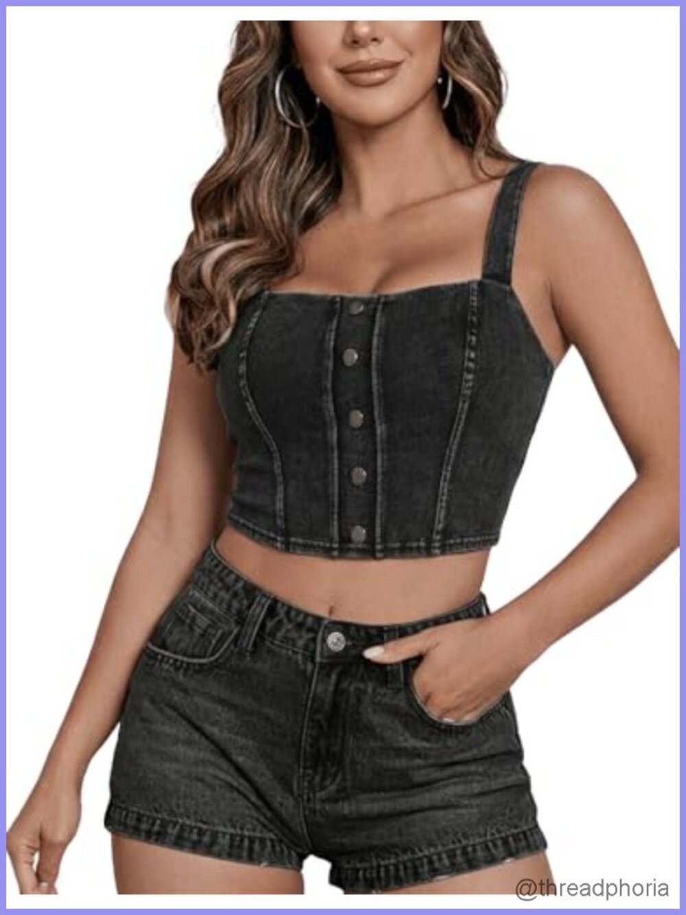 Women's Denim Cami Vest Square Neck Faux Button Placket Crop Tops